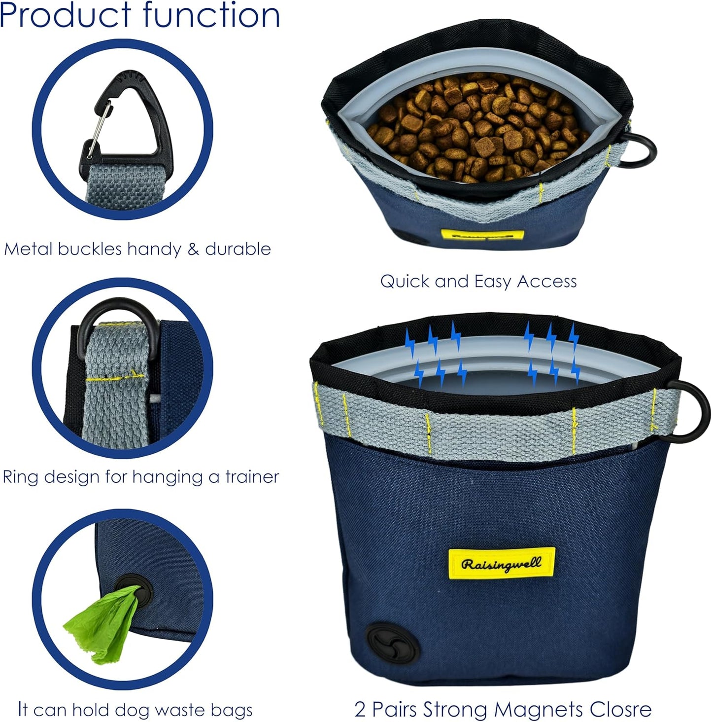 Dog Treat Pouch for Pet Walking and Training with Clicker 2 Cup Silicone Bag Small Fanny Pack Holder for Puppy Snack Dispenser Kit for Leash and Outdoor Use (Blue)