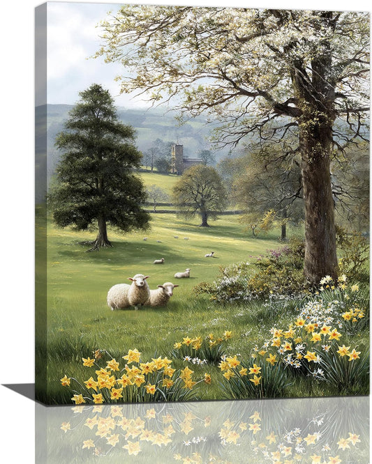 Country Sheep Canvas Wall Decor Farmhouse Rustic Lamb Wildflower Wall Art Nature Countryside Landscape Pictures Painting Print Framed Artwork Decorations for Bathroom Living Room Bedroom 16"x20"