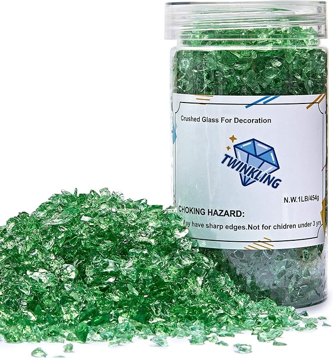 TWINKLING High Luster Fire Glass Gravel Stone Glitter,Broken Glass,Fire Gems Chips,Crushed Glass for Fire Pit Crafts Resin Art Aquarium Garden Decoration,3-6mm,1-Pound Jar (Light Green)