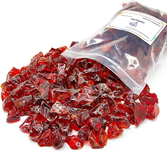 TWINKLING High Luster Fire Glass Gravel Stone,Broken Glass,Fire Pit Glass,Crushed Glass for Fireplace Pit Aquarium Garden Decoration,1-3cm,2-Pound Jar (Red)