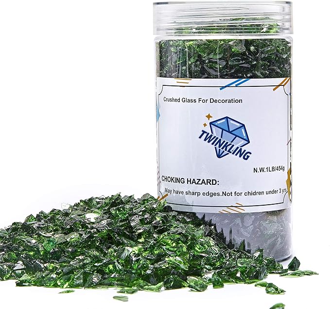 TWINKLING High Luster Fire Glass Gravel Stone Glitter,Broken Glass,Fire Gems Chips,Crushed Glass for Fire Pit Crafts Resin Art Aquarium Garden Decoration,3-6mm,1-Pound Jar (Dark Green)