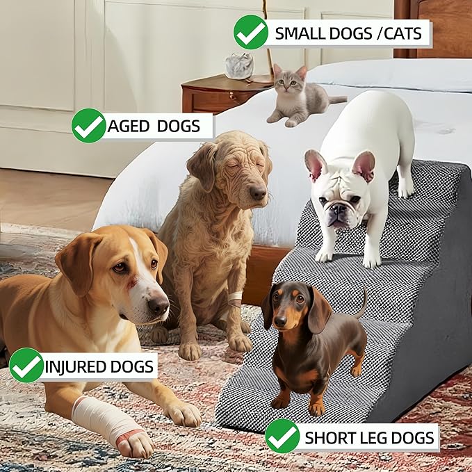 5 Step Pet Stairs Ramp for High Beds Sofas 5-30 Inch with Sturdy Non Slip Waterproof Pads, Machine Washable Cover Indoor Balanced Design for Cats Dogs Small Medium Large XL Pets Grey (Grey, Large, 1)