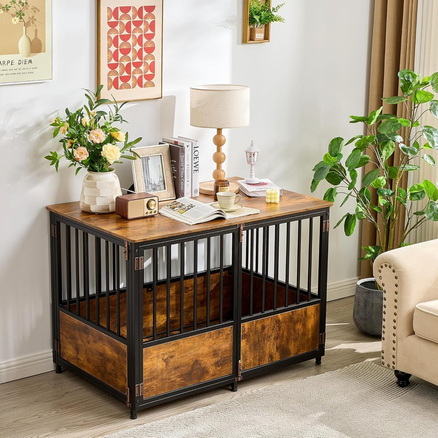 KOOPRO 43.7" Inch Dog Crate Furniture with Cushion for Large Dogs, Wooden Heavy Duty Dog Kennel with Double Doors Indoor, Decorative Pet House Dog Cage Side End Table, Rustic Brown