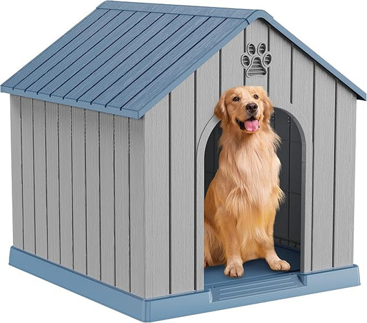 DRATO Indoor Outdoor Waterproof Dog House,PP Material,Puppy Shelter with Air Vents and Elevated Floor,Sturdy Dog Kennel for Small to Large Sized Dogs, Easy to Assemble (Blue, 38.62×36.26×38.07 Inches)