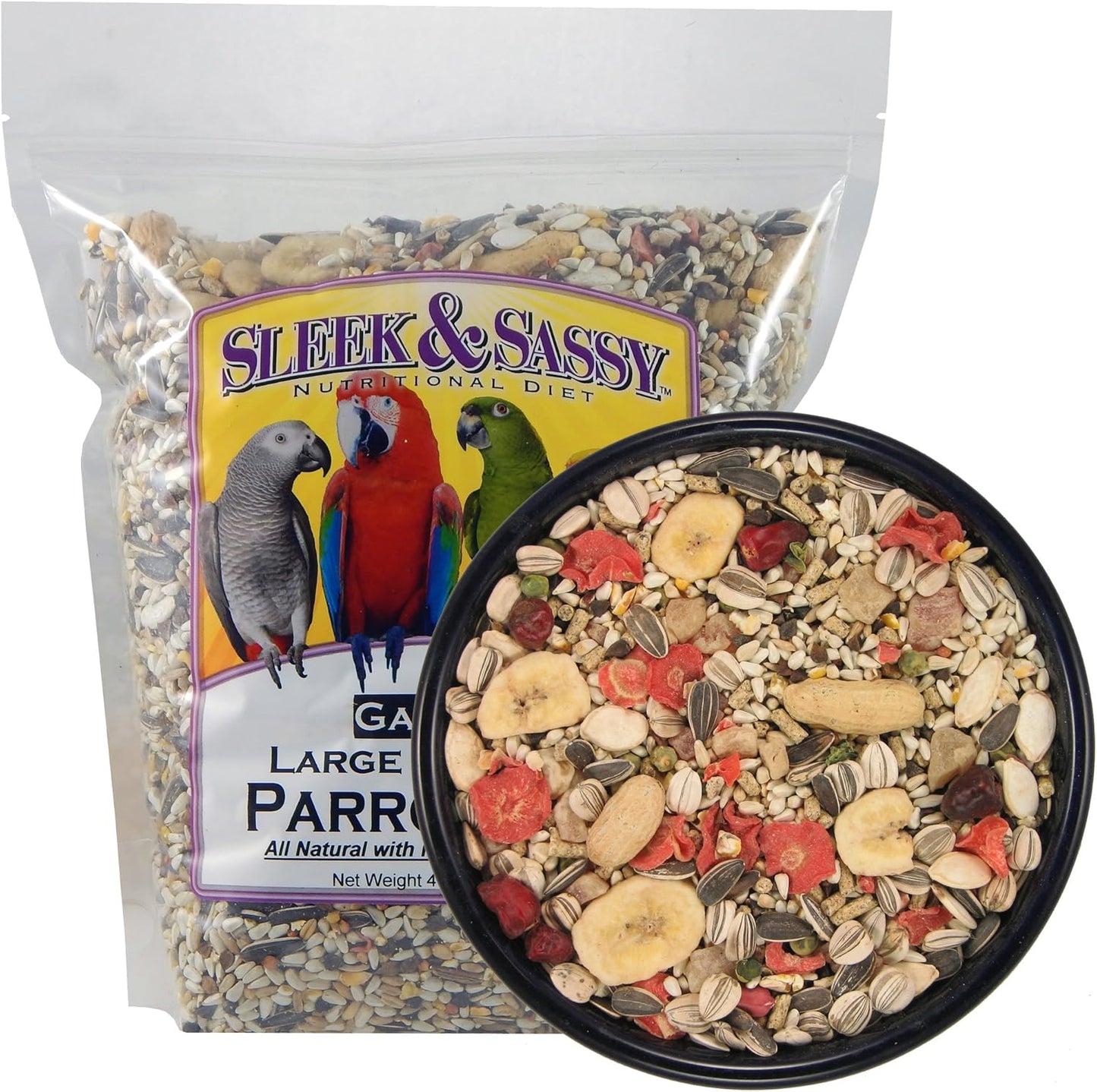SLEEK & SASSY Garden Large Hookbill Parrot Food for Large Conures, Amazons, African Greys, Cockatoos, Pionus-Parrots & Small Macaws (4 lbs.)