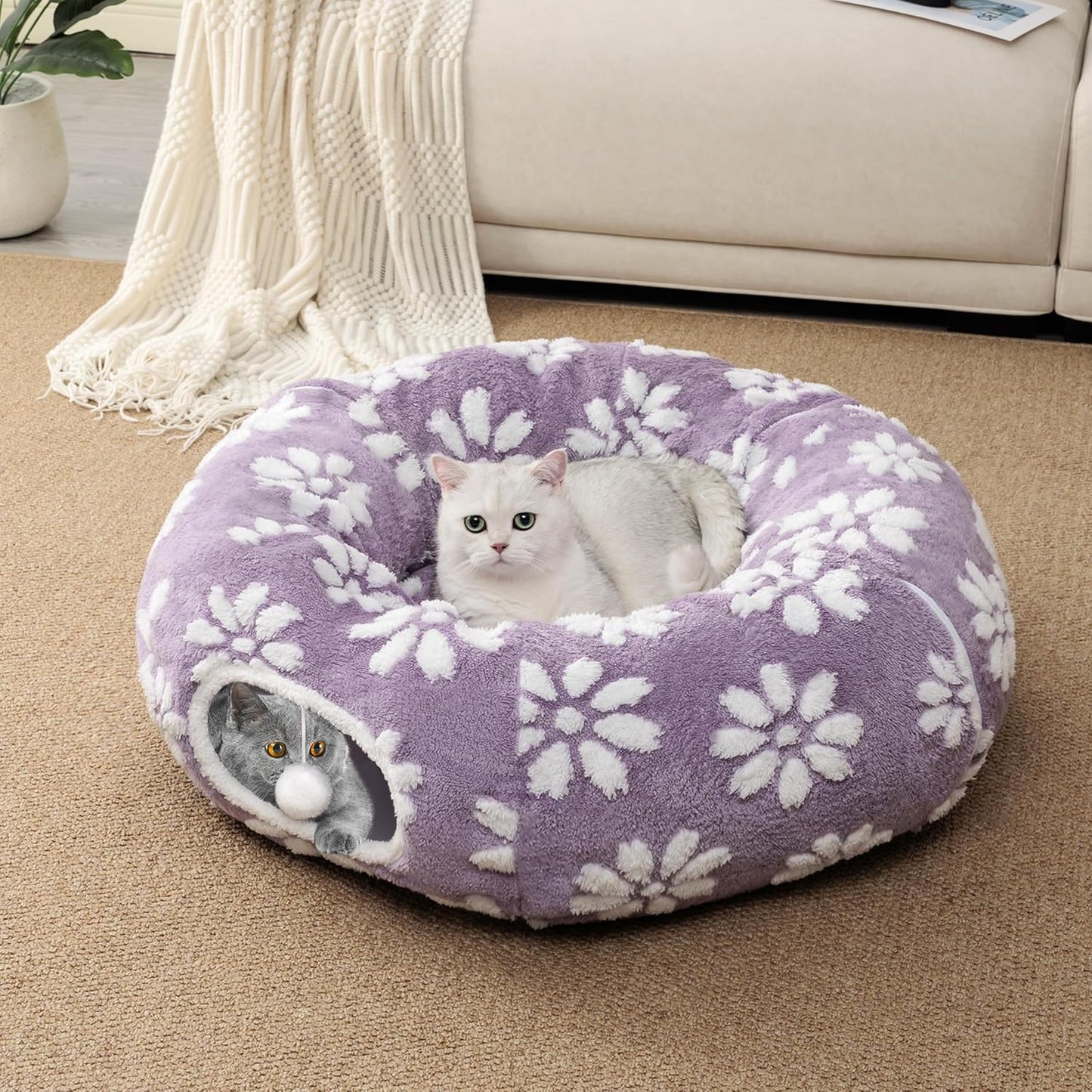 Cat Tunnel for Indoor Cats, Cute Peekaboo Cat Cave with Dangling Balls, Pet Donut Tunnel Bed with Circle Mat for Puppy Kitten Rabbit, Purple