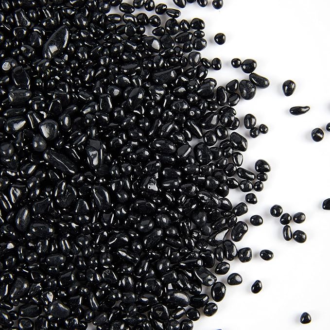 TWINKLING High Luster Round Fire Glass Stones, Marbles, Pebbles, Beads Gems for Fire Pit Vase Fillers Crafts Aquarium Garden Decoration, 3-6mm, 1-Pound Jar (Black)