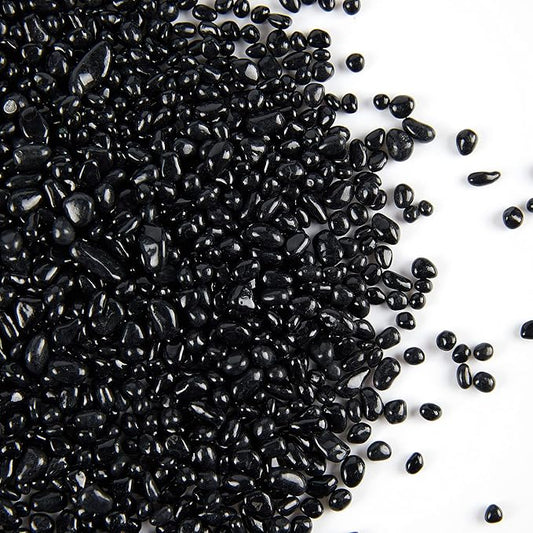 TWINKLING High Luster Round Fire Glass Stones, Marbles, Pebbles, Beads Gems for Fire Pit Vase Fillers Crafts Aquarium Garden Decoration, 3-6mm, 1-Pound Jar (Black)