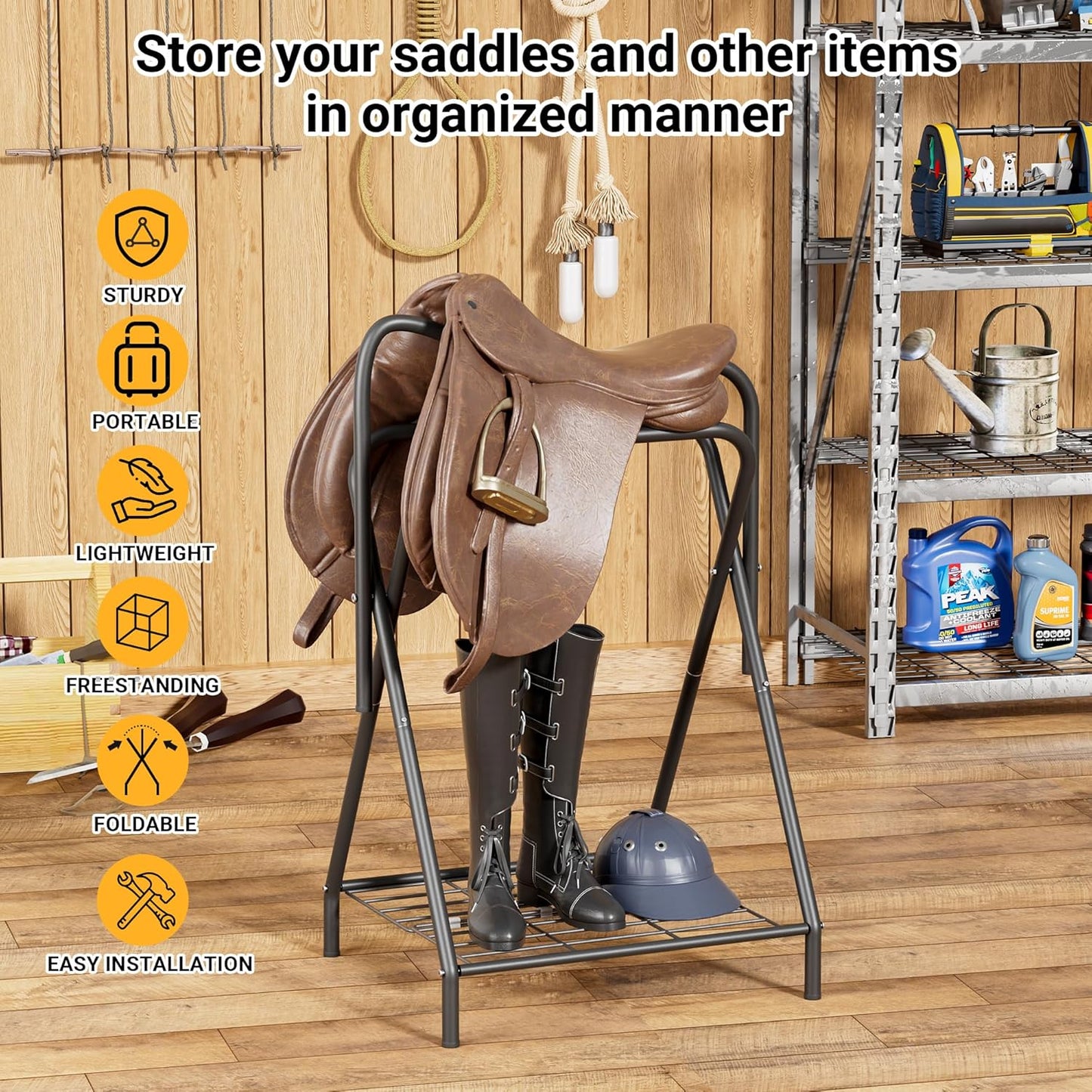 Dunatou Saddle Rack Freestanding Saddle Stand Foldable Horse Saddle Storage Rack Full Size Saddle Pad Rack Horse Blanket Holder Heavy Duty Saddle Holder for English and Western Horse Saddles, Black