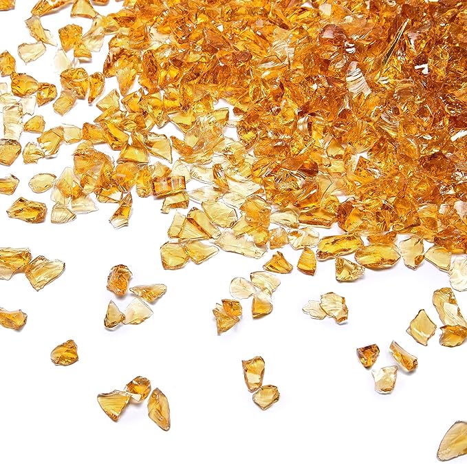 TWINKLING High Luster Fire Glass Gravel Stone Glitter,Broken Glass,Fire Gems Chips,Crushed Glass for Fire Pit Crafts Resin Art Aquarium Garden Decoration,3-6mm,1-Pound Jar (Deep Amber)