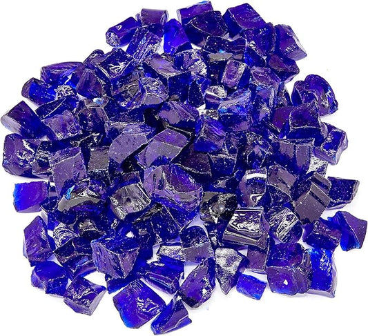 TWINKLING High Luster Fire Glass Gravel Stone,Broken Glass,Fire Pit Glass,Crushed Glass for Fireplace Pit Aquarium Garden Decoration,1-3cm,2-Pound Jar (Cobalt Blue)