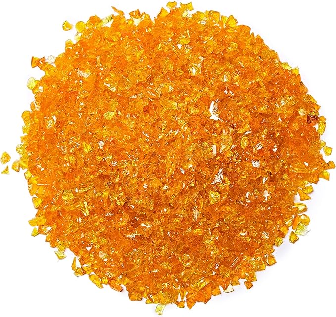 TWINKLING High Luster Fire Glass Gravel Stone Glitter,Broken Glass,Fire Gems Chips,Crushed Glass for Fire Pit Crafts Resin Art Aquarium Garden Decoration,3-6mm,1-Pound Jar (Orange Yellow)