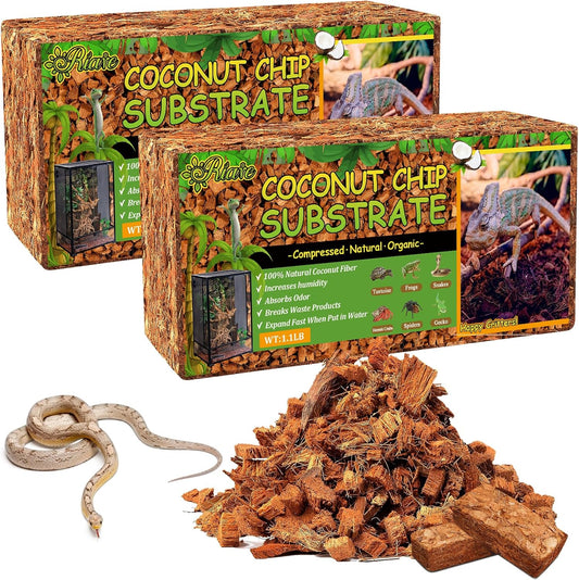 Riare 2 Pack Natural Coconut Chip Substrate for Reptiles- Compressed Coconut Husk Reptiles Bedding, Coco Husk Chip Terrarium Substrate for Snakes, Tortoises, Ball Python, Frogs, Bearded Dragon, Lizard