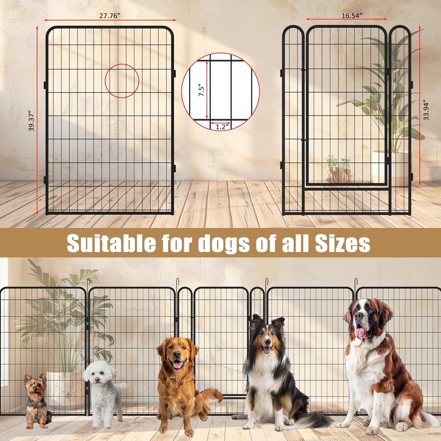 Dog Playpen, Outdoor Dog Fence, 6 Panels, 40" H Dog Pen for Large/Medium/Small Dogs, Heavy Duty Metal Pet Fence with Gate, Portable Dog Fence for RV Camping and Yard (Black)