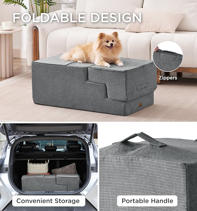 Made4Pets Dog Steps for Bed, Extra Wide Dog Stairs for High Bed Couch Sofa, 35D Foam Pet Steps for Small Dogs and Cats, Non-Slip Bottom Pet Stairs, Grey, 4 Steps