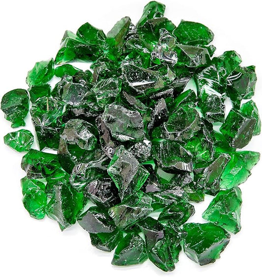 TWINKLING High Luster Fire Glass Gravel Stone,Broken Glass,Fire Pit Glass,Crushed Glass for Fireplace Pit Aquarium Garden Decoration,1-3cm,2-Pound Jar (Green)