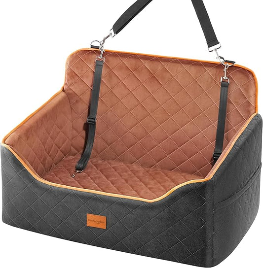 Dog Car Seat for Medium Dogs - Pet Car Seat with 2 Safety Straps & Waterproof Padding, Portable Pet Carrier for Cars, Trucks & SUVs, Comfortable Booster Bed for Pets Up to 55lbs (Black/Coffee)