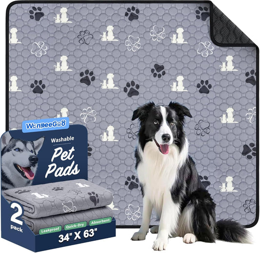Washable Pee Pads, Puppy Pee Pad for Dogs, 2 Pack Absorbent Reusable Training Dog Pads Pet Puppy Pads, Non-Slip Potty Pads for Whelping, Playpen, Crate, Bed, Grey 34"x63"