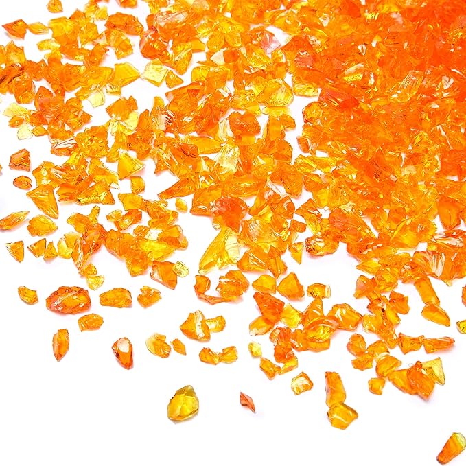 TWINKLING High Luster Fire Glass Gravel Stone Glitter,Broken Glass,Fire Gems Chips,Crushed Glass for Fire Pit Crafts Resin Art Aquarium Garden Decoration,3-6mm,1-Pound Jar (Orange Red)