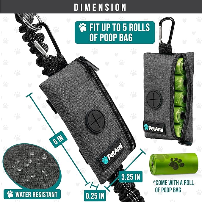 PetAmi Dog Poop Bag Holder for Leash, Dog Waste Bag Dispenser with Clip, Treat Pouch, Walking & Camping Accessory with Trash Bag Roll, Gray 1 Pack