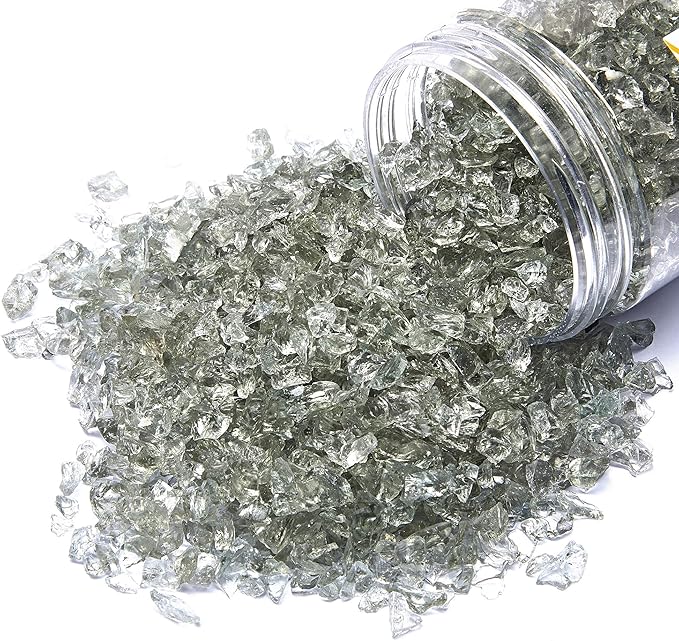 TWINKLING High Luster Fire Glass Gravel Stone Glitter,Broken Glass,Fire Gems Chips,Crushed Glass for Fire Pit Crafts Resin Art Aquarium Garden Decoration,3-6mm,1-Pound Jar (Grey)