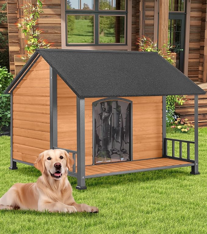 Gutinneen Large Dog House Outdoor with Strength Metal Frame, Outside Dog House with Waterproof Roof, PVC Curtain, Fir Wood Patio, Design for Small & Medium & Large Dogs