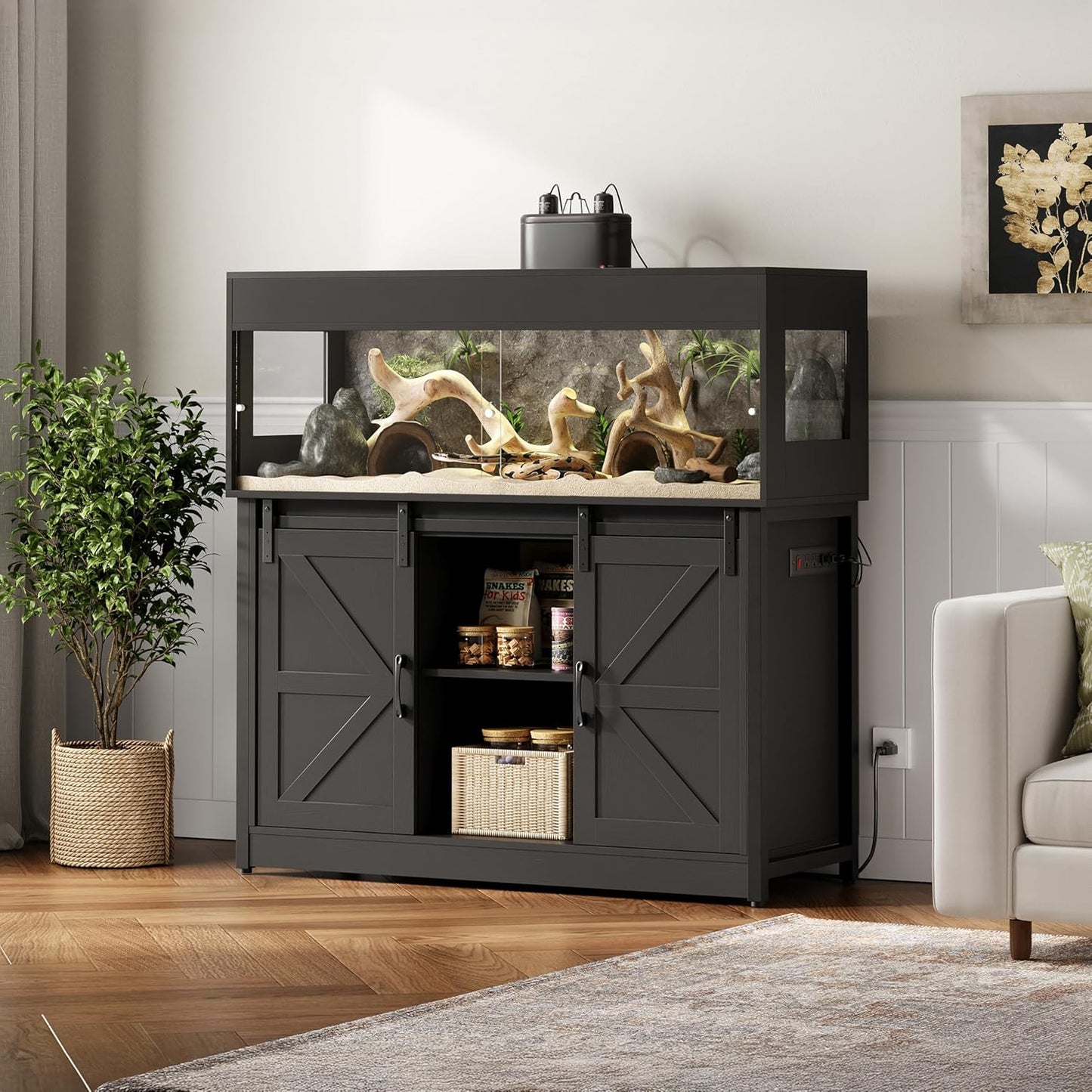 60 Gallon Reptile Terrarium with Stand, Terrarium Enclosure with Acrylic Doors, Storage Cabinet with Barn Door, Mesh Lid & Power Outlet – Vivarium Habitat for Medium Reptiles Black PX05RTB