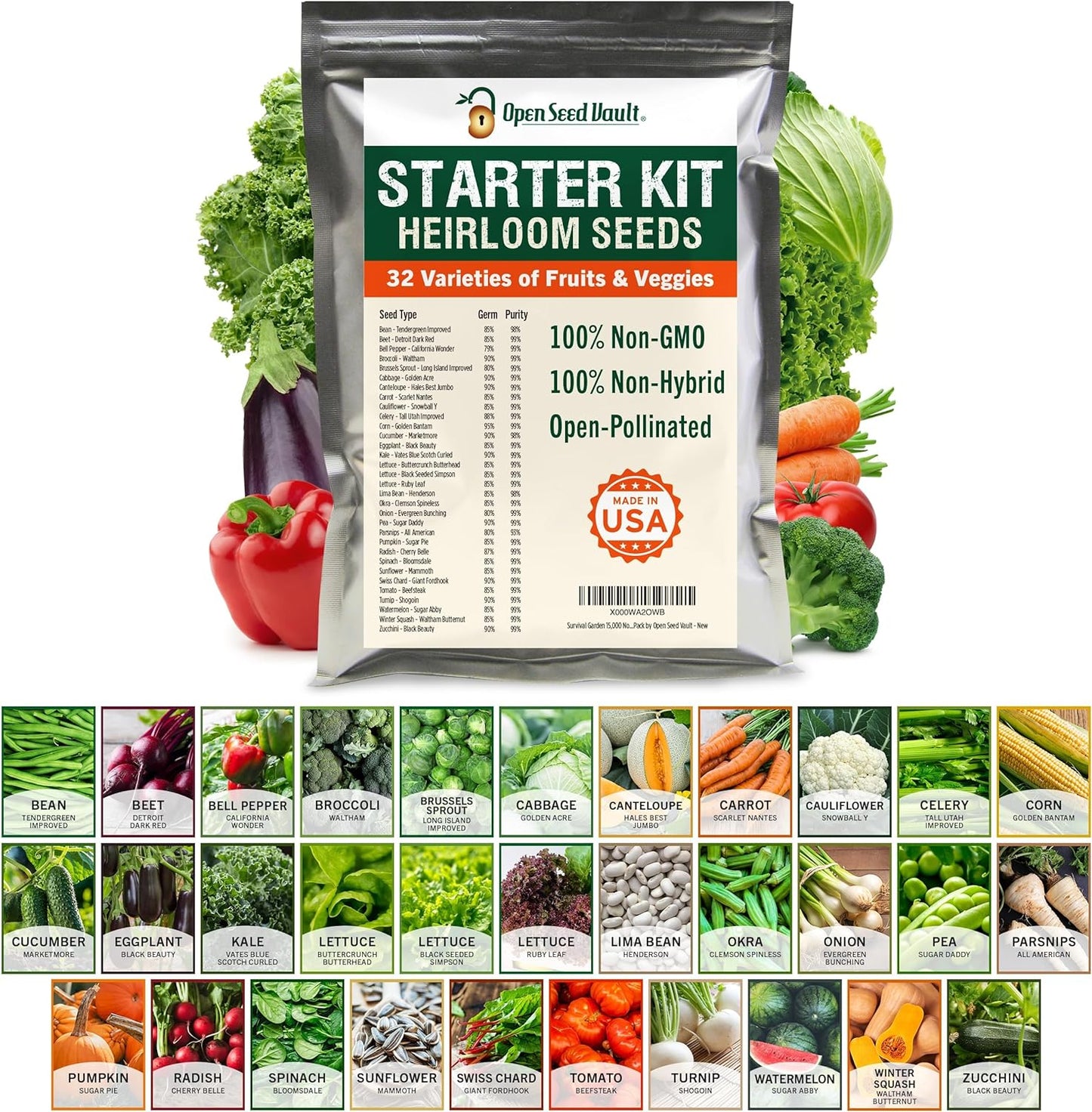 Open Seed Vault 15,000 Non GMO Heirloom Vegetable Seeds for Planting Vegetables and Fruits - 32 Variety Pack of Vegetable Seeds for Gardening, Survival Gear, Seed Vault Emergency Supplies Kit