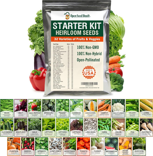 Open Seed Vault 15,000 Non GMO Heirloom Vegetable Seeds for Planting Vegetables and Fruits - 32 Variety Pack of Vegetable Seeds for Gardening, Survival Gear, Seed Vault Emergency Supplies Kit