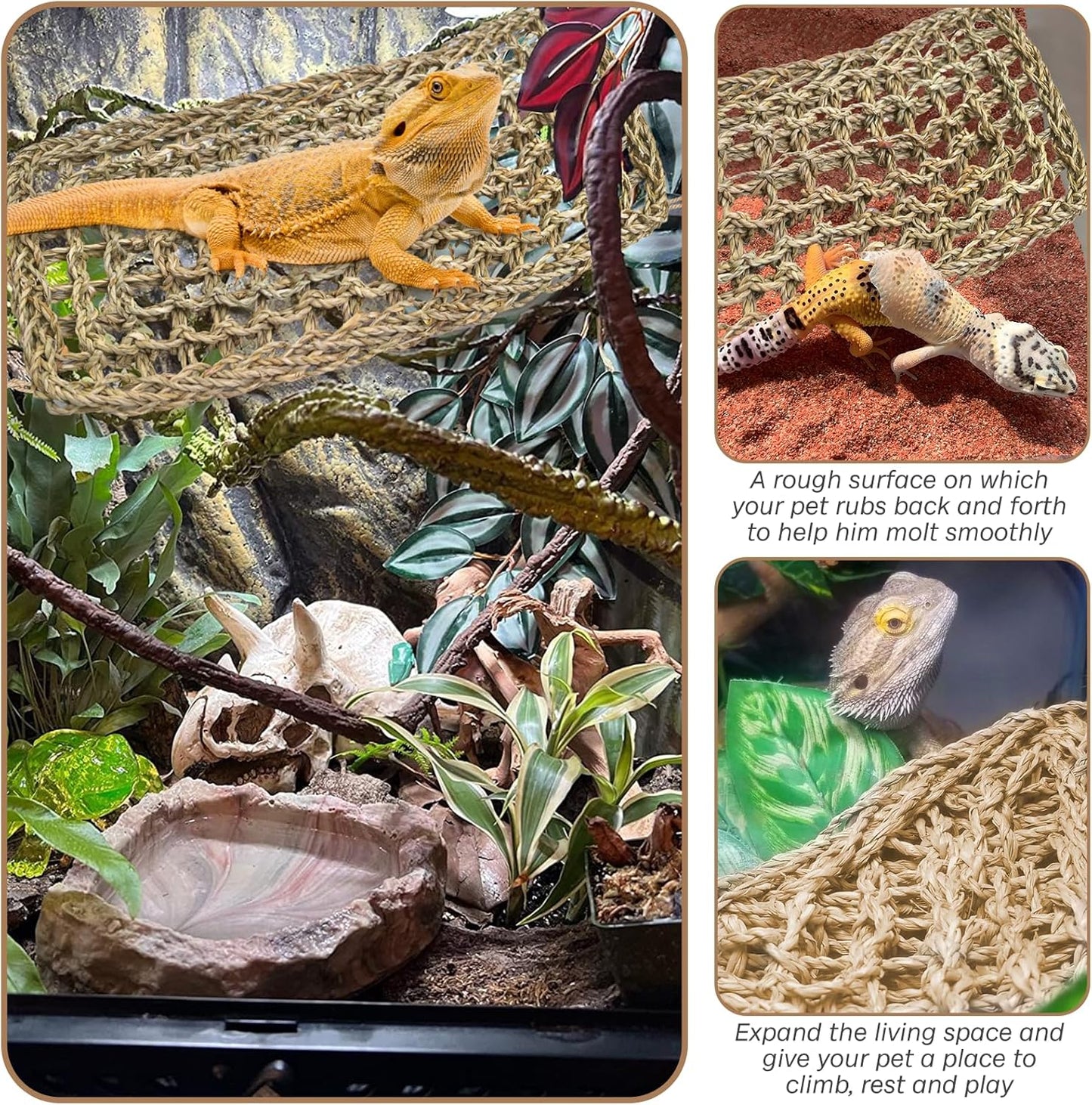 kathson Bearded Dragon Hammock, Natural Seagrass Reptile Hammock, Reptile Lounger Bearded Dragon Tank Accessories for Chameleons, Lizards, Geckos, Snakes, Lguana Reptiles, Geckos (29.52 x 7.08 inches)