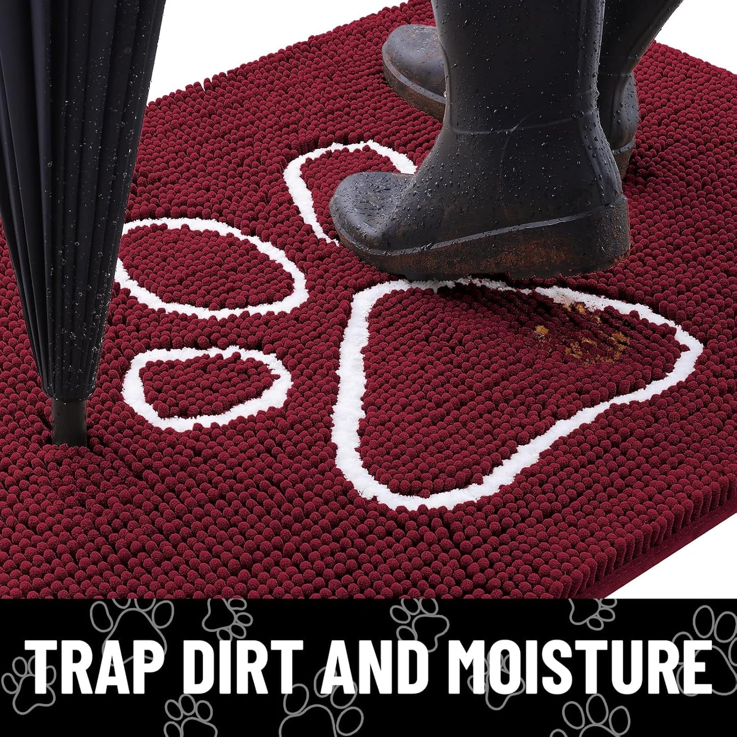 Smiry Dog Door Mat for Muddy Paws, Absorbent Dirt Trapper Non Slip Quick Dry Washable Chenille Mat for Mud Dogs, Entry Rug for Indoor and Outdoor (30x20 Inches, Burgundy)