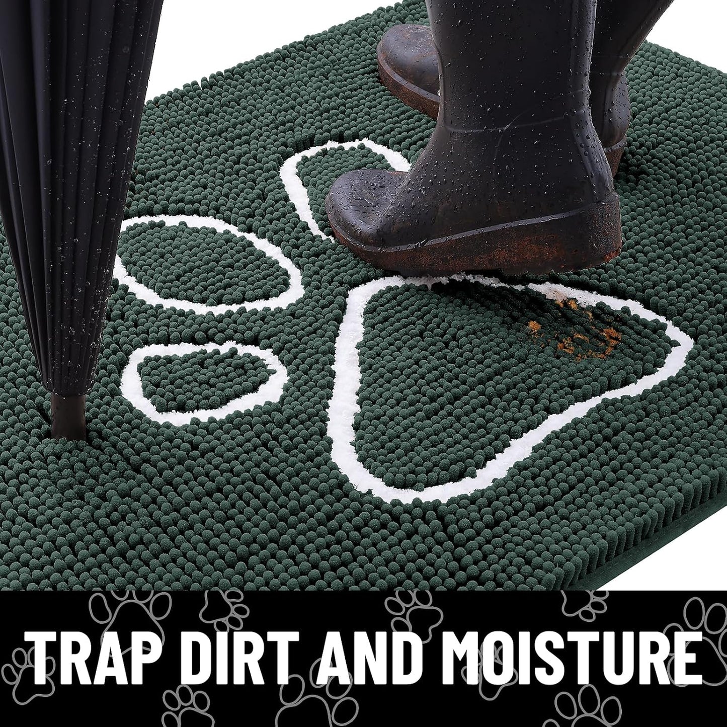 Smiry Dog Door Mat for Muddy Paws, Absorbent Dirt Trapper Non Slip Quick Dry Washable Chenille Mat for Mud Dogs, Entry Rug for Indoor and Outdoor (71x46 Inches, Green)
