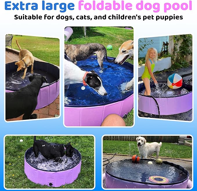 2025 Updated Foldable Dog Pool, 87" x 12" Kiddie Pool with Hard Plastic, Non-Slip Dog Bath Tub for Outdoor Backyard, Collapsible Dog Swimming Pool for Kids Dogs Pets (Pink)