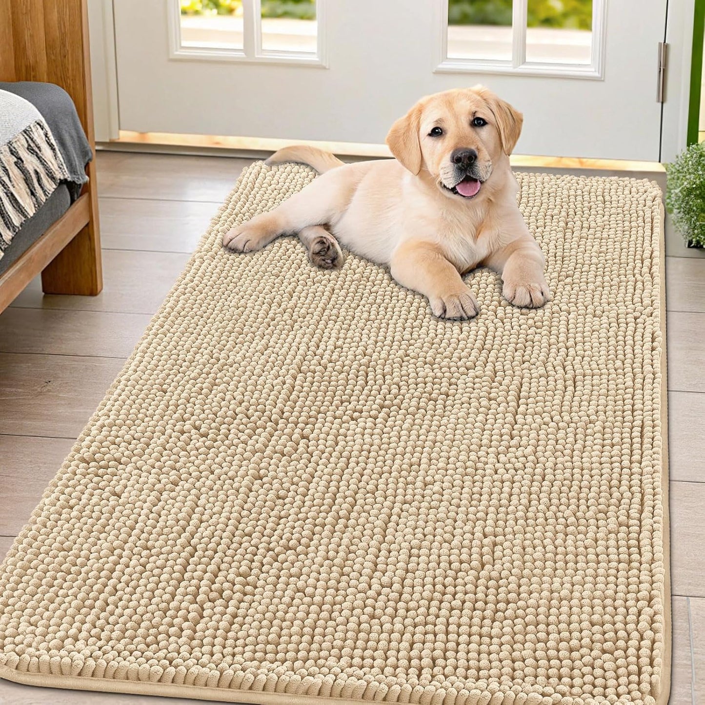 Smiry Dog Door Mat for Muddy Paws 47x32, Absorbs Moisture and Dirt Doormat, Non-Slip Washable Quick Dry Chenille Front Door Mat Indoor Entrance, Entryway Carpet for Inside Floor, Beige