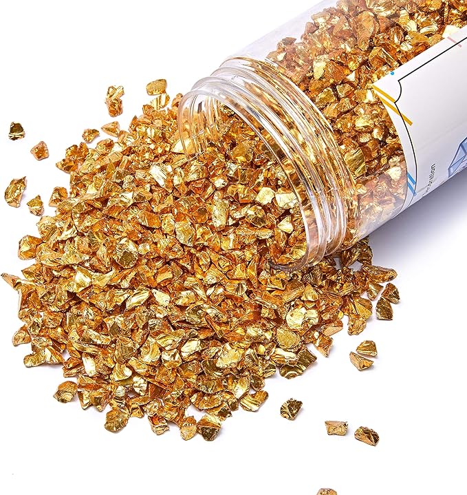 TWINKLING High Luster Crushed Glass Glitter, Fire Glass Gems Chips for Fire Pit, DIY Resin Art, Epoxy Crafts, Geode Painting, Aquarium Decoration, 6-9mm (370g/13oz.) (Gold)