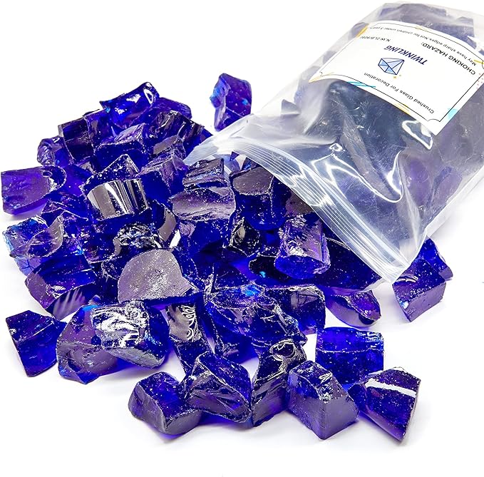 TWINKLING High Luster Fire Glass Gravel Stone,Broken Glass,Fire Pit Glass,Crushed Glass for Fireplace Pit Aquarium Garden Decoration,1-3cm,2-Pound Jar (Cobalt Blue)