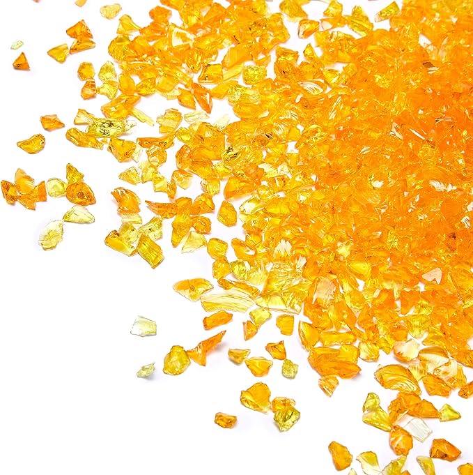 TWINKLING High Luster Fire Glass Gravel Stone Glitter,Broken Glass,Fire Gems Chips,Crushed Glass for Fire Pit Crafts Resin Art Aquarium Garden Decoration,3-6mm,1-Pound Jar (Orange Yellow)