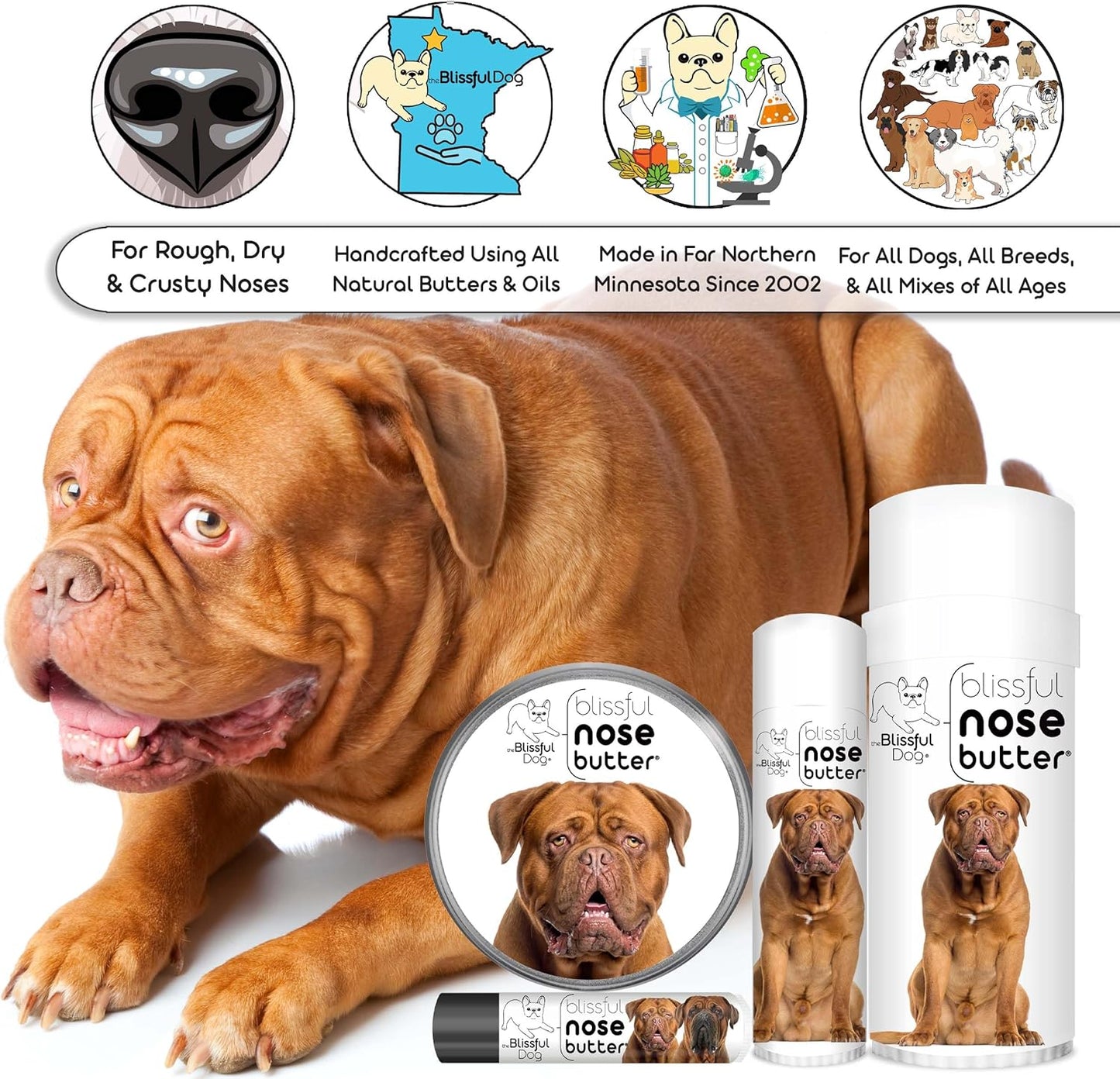 The Blissful Dog Dogue De Bordeaux Nose Butter, Versatile Dog Nose Balm for Dry Nose, Handcrafted Nose Moisturizer, Easy-to-Apply Dog Essentials, Unscented, 2 oz.