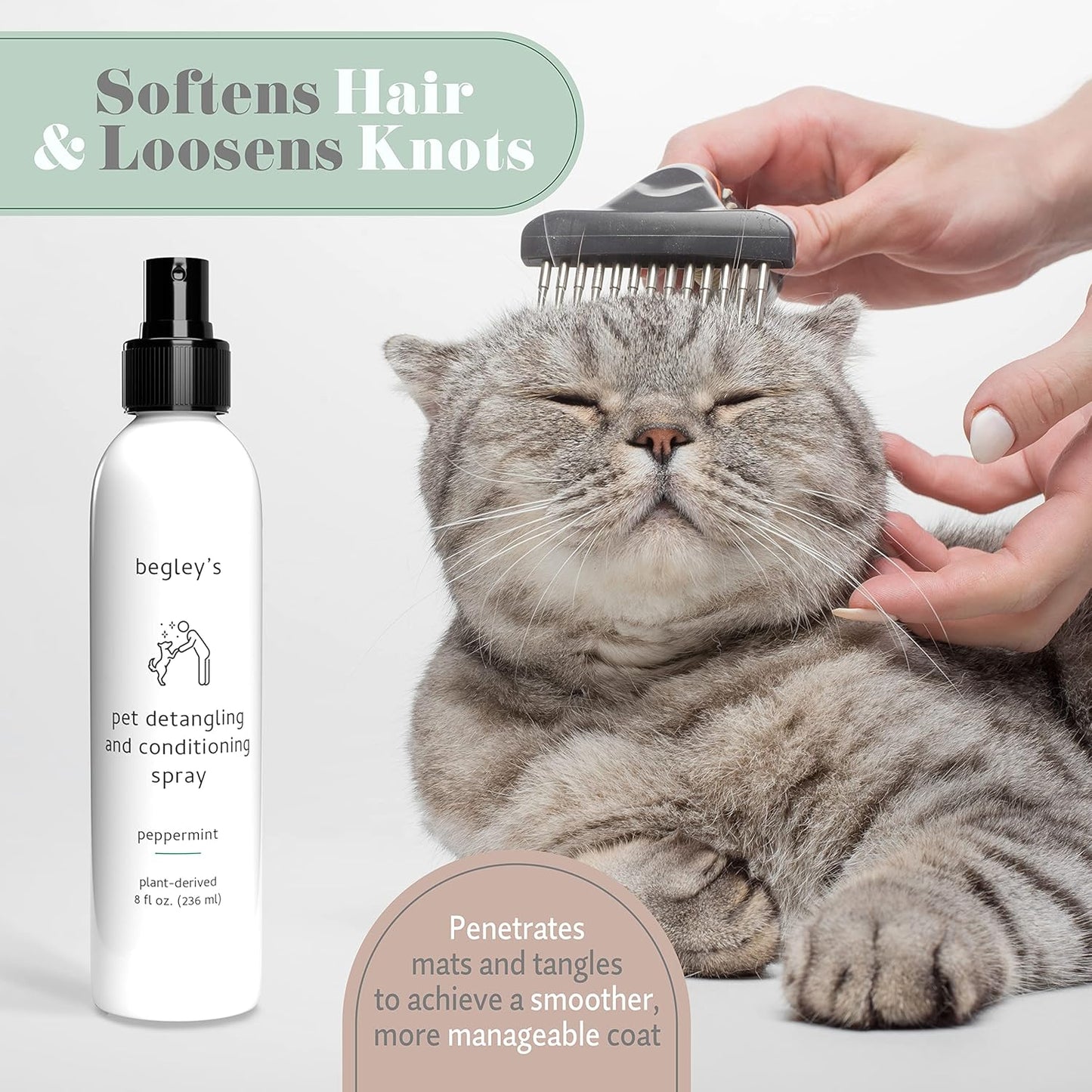 Begley's Pet Detangling Spray - Premium Essential Oil Scented Detangler Spray for Dogs, Puppies & Cats - Dog Leave in Conditioner Spray - Dematting Spray for Dogs & Pets - 8 oz, Peppermint