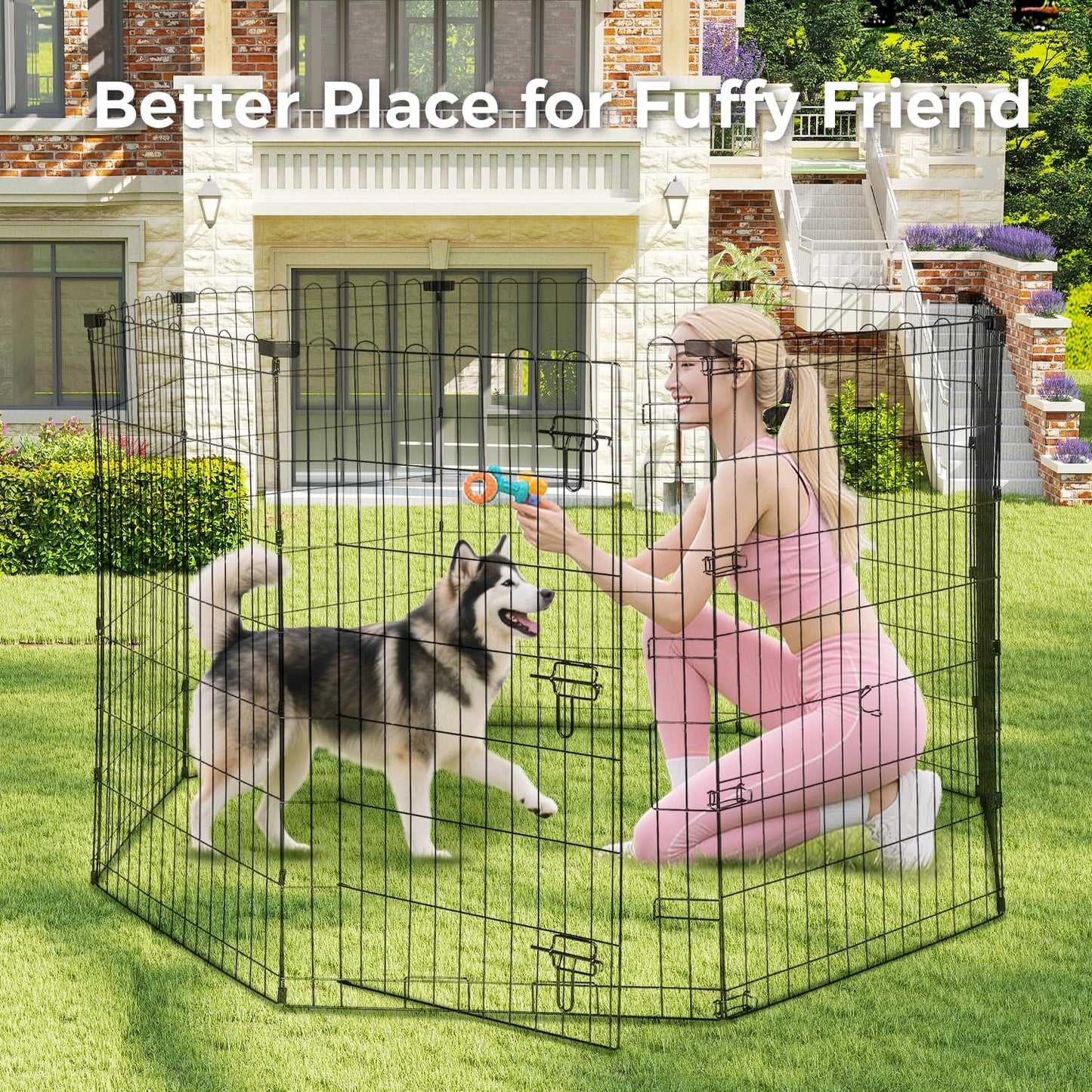 Foldable Dog Playpen 42" Height 8 Panels Metal Exercise Pen with Door - Indoor/Outdoor Dog Play Pen for Medium-Large Dogs, Portable Pet Fence for Yard Garden Camping, Black
