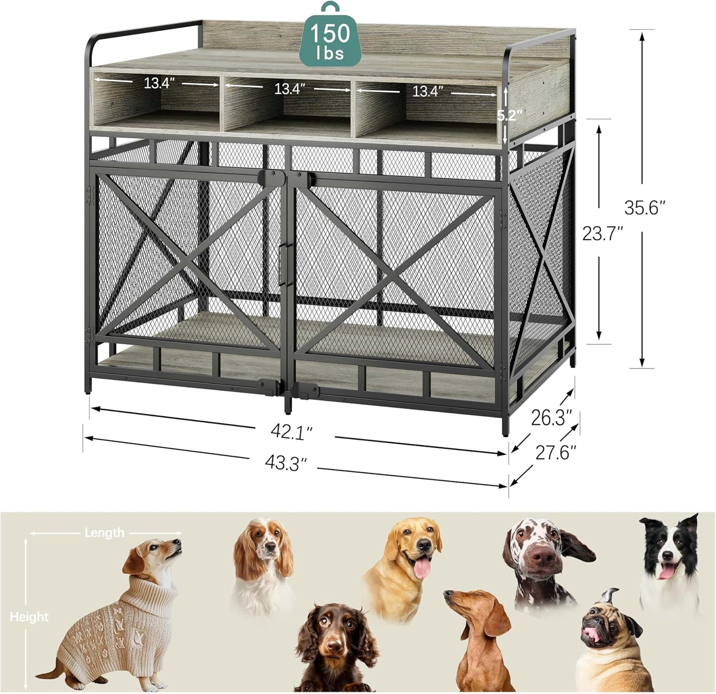 Dog Crate Furniture, 43" Heavy Duty Wooden Dog Crate End Table, XL Dog Kennel Furniture Large Breed, Decorative Dog Kennel Indoor with 3 Drawers & Steel Tubes 43" L x28 W x36 H (Grey)