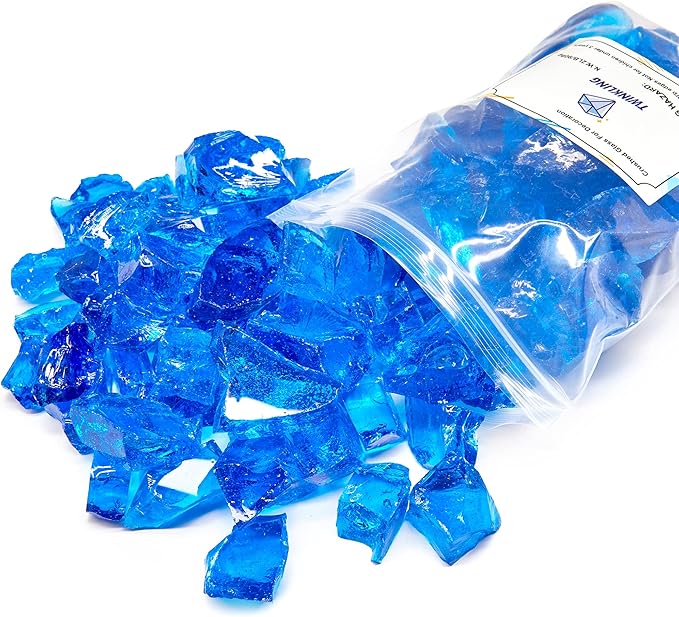 TWINKLING High Luster Fire Glass Gravel Stone,Broken Glass,Fire Pit Glass,Crushed Glass for Fireplace Pit Aquarium Garden Decoration,1-3cm,2-Pound Jar (Ocean Blue)