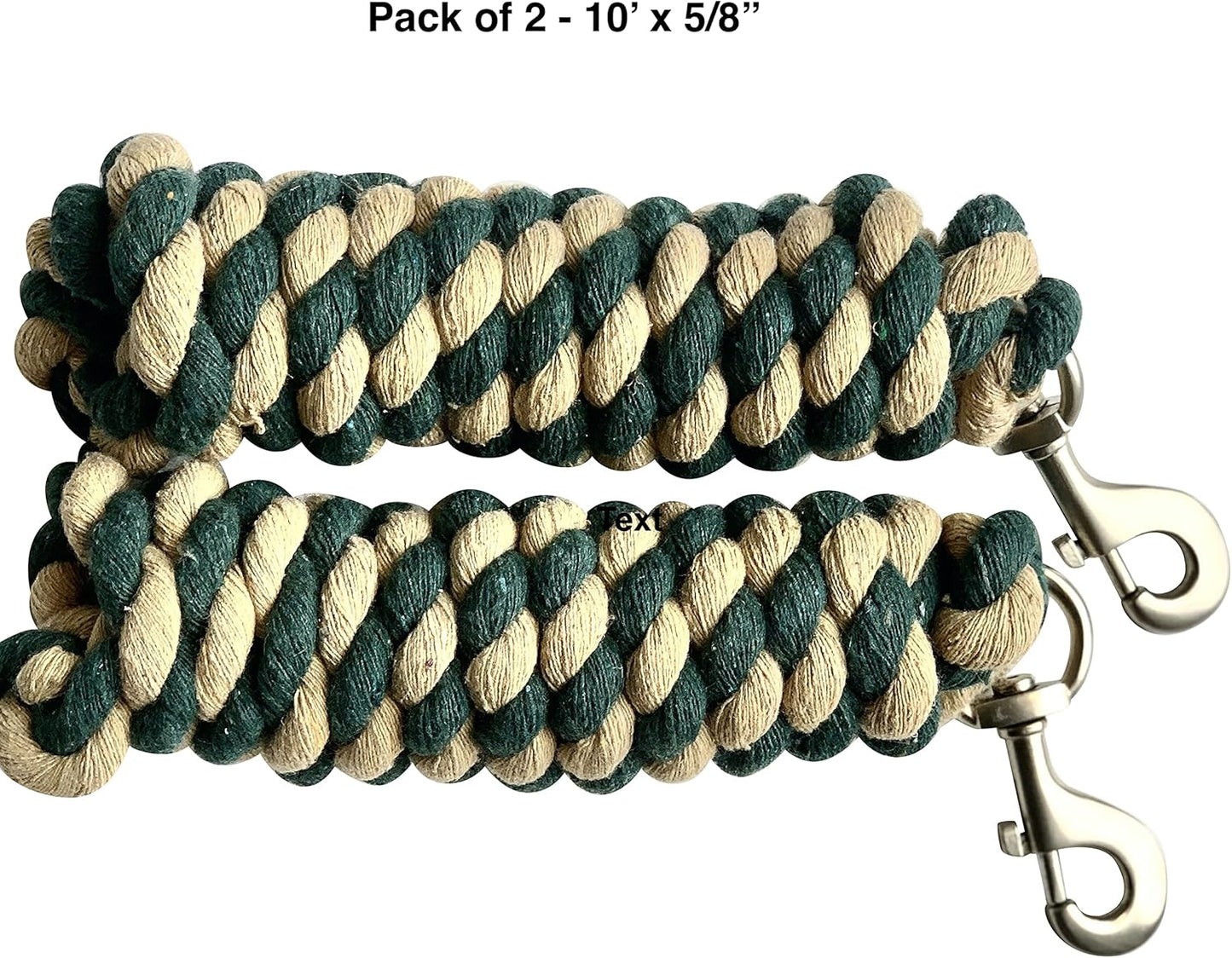 Majestic Ally Pack of 2 Solid Cotton Lead Rope for Horses & Livestock – 10 Foot Long and 5/8 inch Thick - Replaceable Heavy-Duty Satin Bolt Snap – Handmade – Soft, Broken in Feel (Hunter Green -Tan)
