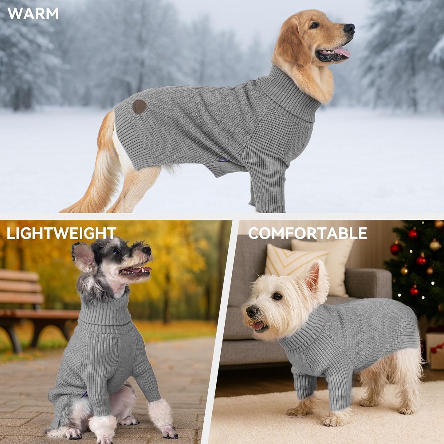 cyeollo Dog Sweater Warm Turtleneck Knitted Sweaters with Sleeve Winter Dog Clothes Sweaters for Dogs, Grey L