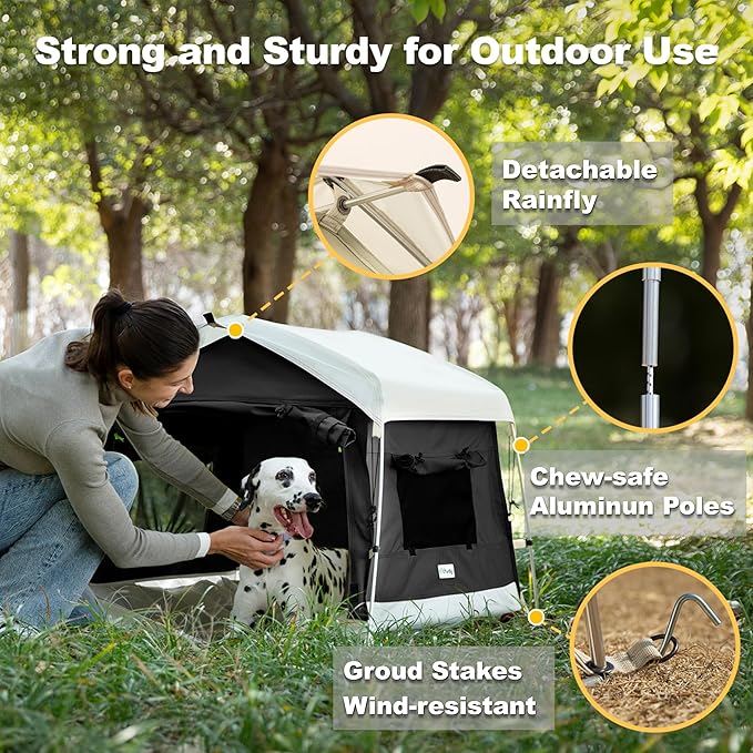 Dog Tent Cotton Fabric, Aluminum Poles and Camping Mat, Outdoor Weatherproof, Dog House Outdoor, Breathable with 2 Side Windows, Portable and Collapsible (Black, Large)