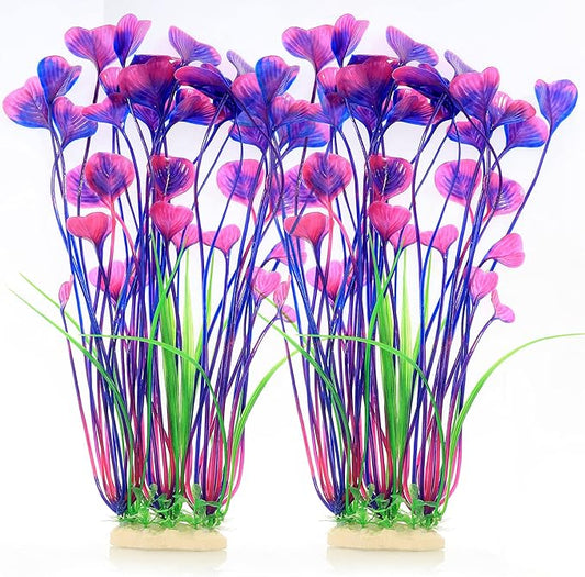 ALEGI Fish Tank Decorations Plastic Plants Large,Aquarium Artificial Plants Decoration Ornament Safe for All Fish-16 inch 2Pcs (Purple 2 pcs)