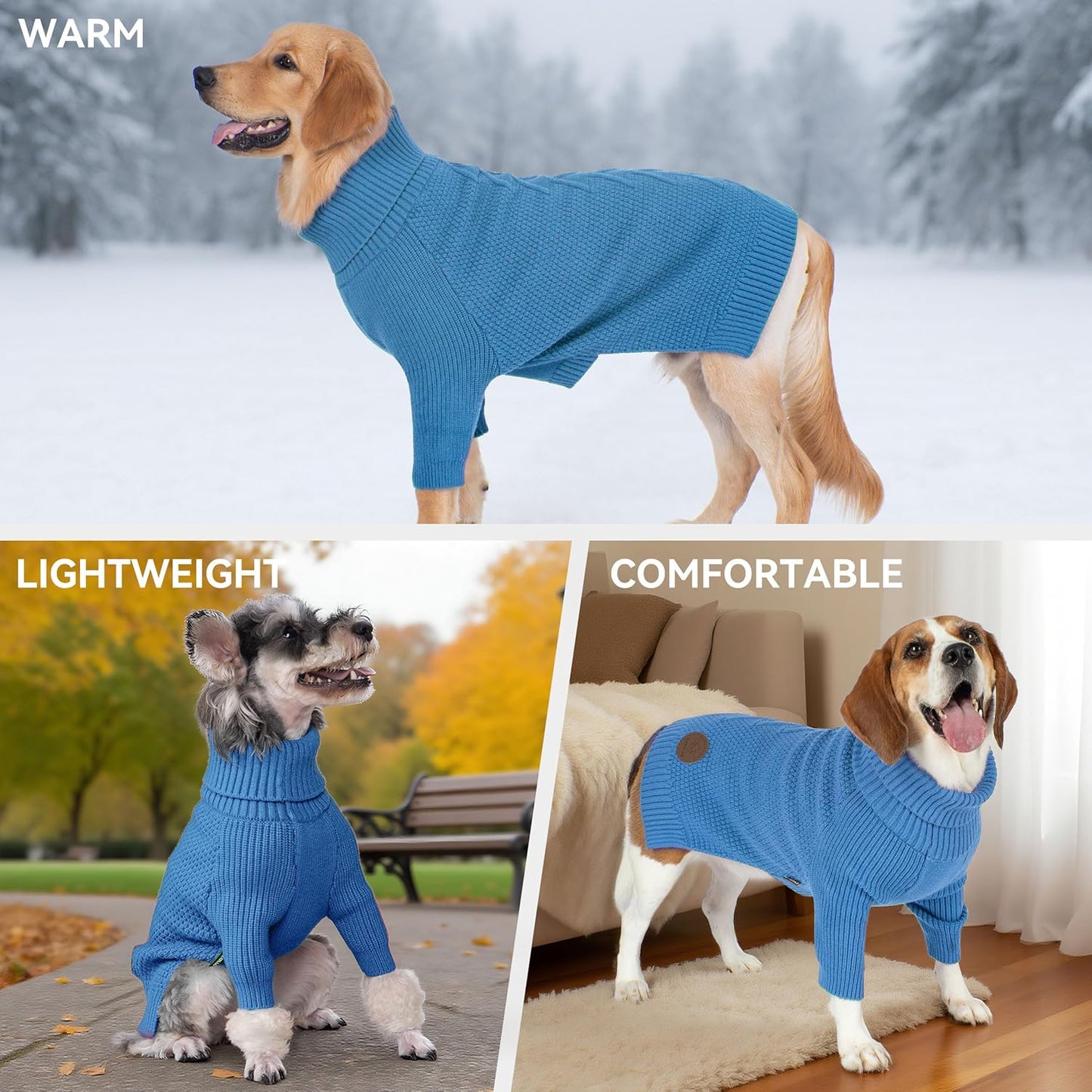 cyeollo Dog Sweaters for Medium Dogs Boy, Stretchy Warm Turtleneck Doggy Clothes for Fall Winter, Thermal Knit Pet Apparel with Sleeves, Blue XL