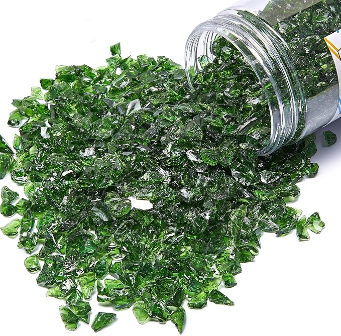 TWINKLING High Luster Fire Glass Gravel Stone Glitter,Broken Glass,Fire Gems Chips,Crushed Glass for Fire Pit Crafts Resin Art Aquarium Garden Decoration,3-6mm,1-Pound Jar (Dark Green)